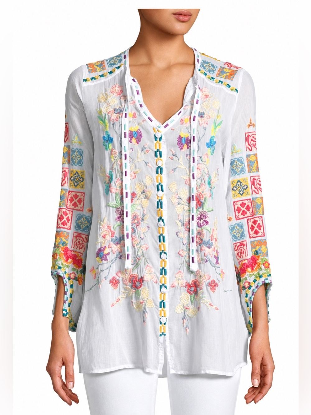 Johnny Was Embroidered Boho Peasant Blouse Tunic White Floral Silk Top Size L